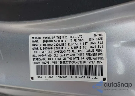 2006 Honda Cr-V Lx z USA, uszkodzony, nr VIN SHSRD78506U433616